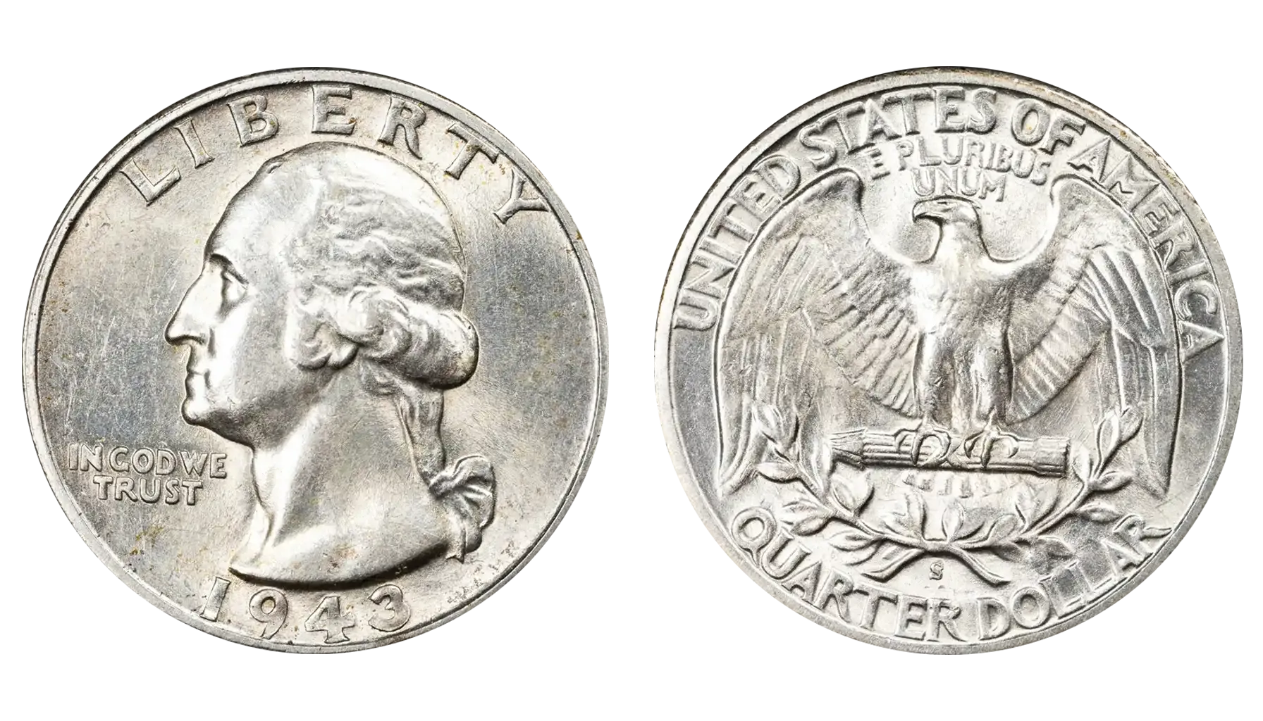Side-by-side comparison of normal 1943 quarter and 1943 Doubled Die Obverse showing doubling on date and lettering
