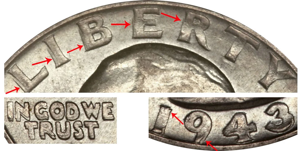 1943 quarter Doubled Die Obverse close-up showing doubling on date and LIBERTY lettering