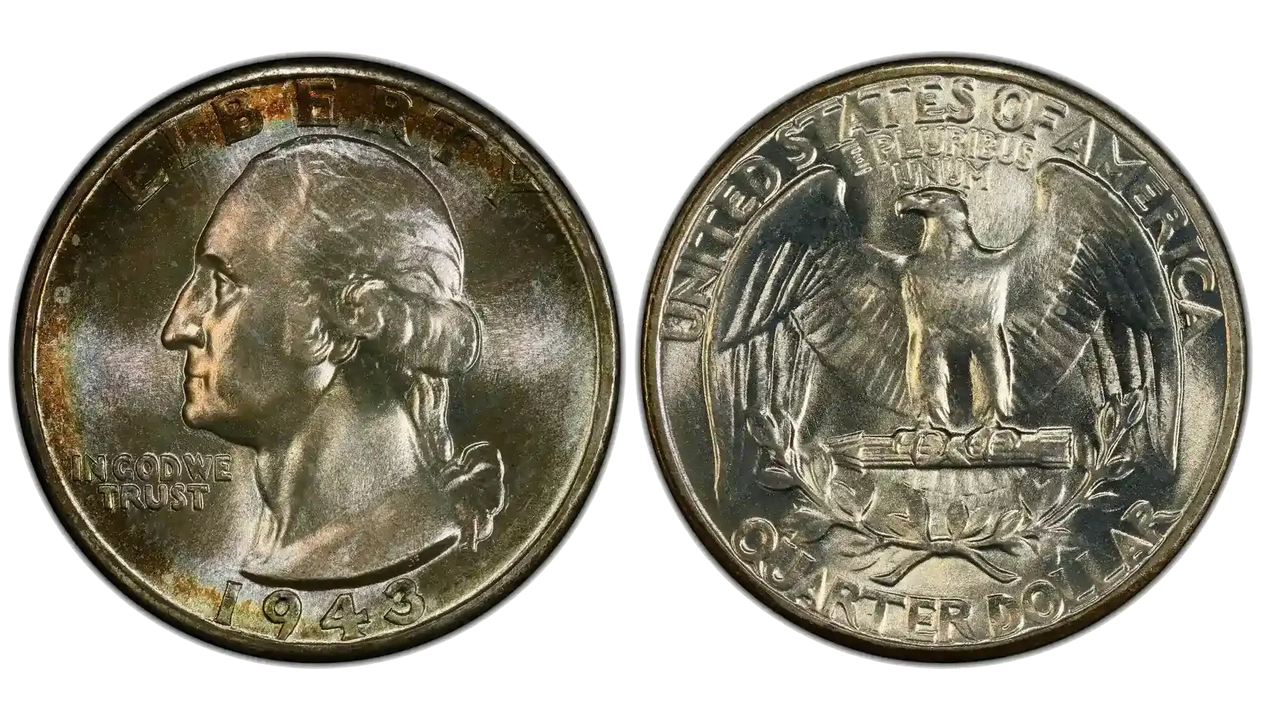 1943 quarter off-center strike error showing crescent of blank planchet and partial design