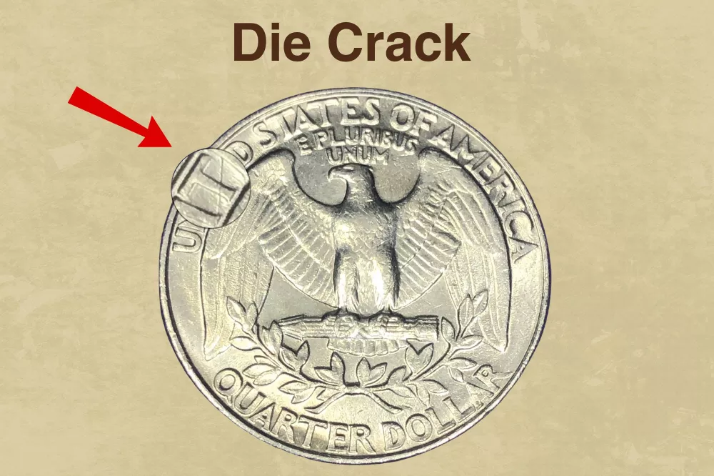 1943 quarter die crack error showing raised line running through the eagle design on reverse