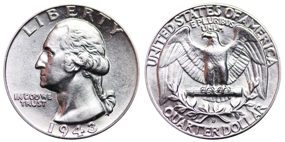 Group of 1943 Washington Quarters from Philadelphia, Denver, and San Francisco mints arranged to show mint marks