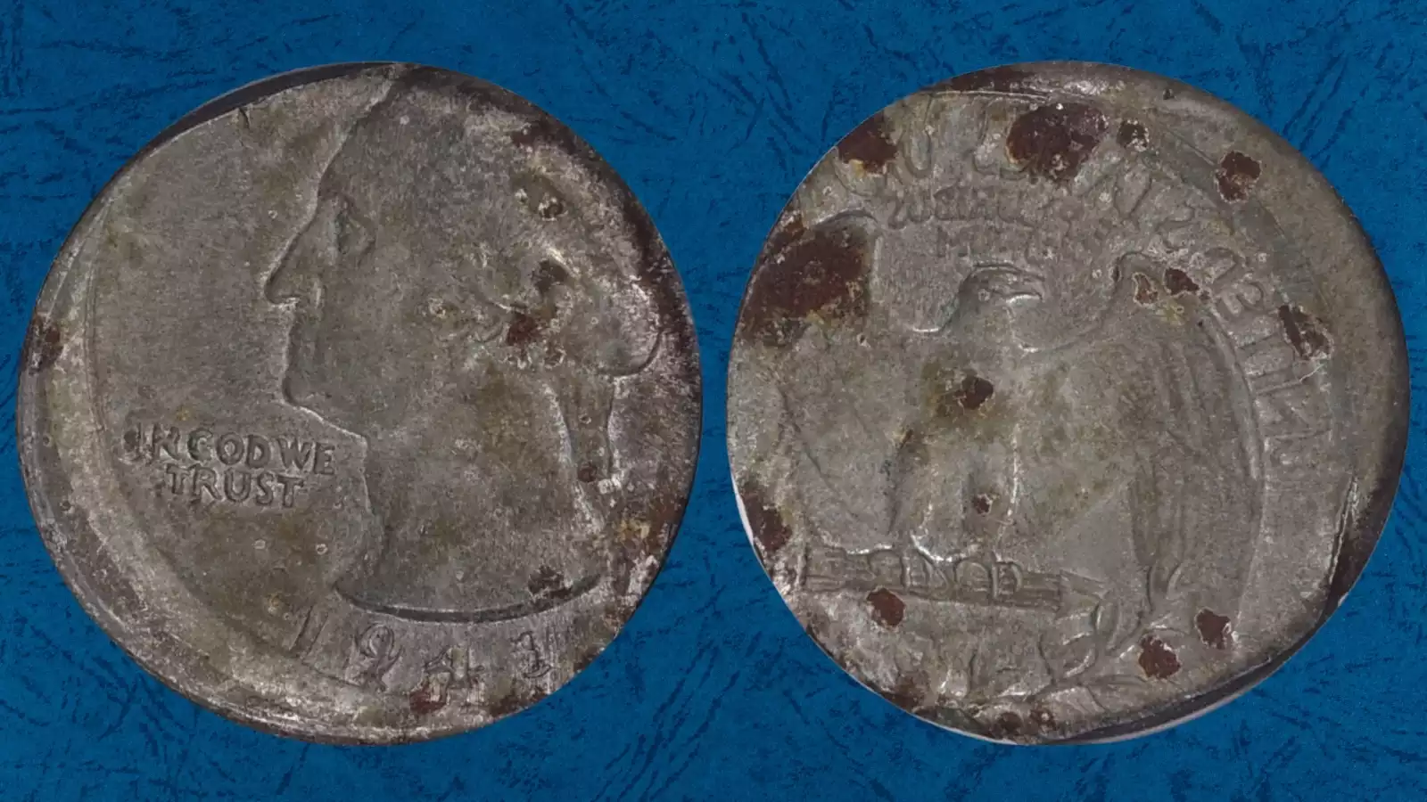 1943 Washington Quarter grading strip showing four condition tiers from worn to gem mint state